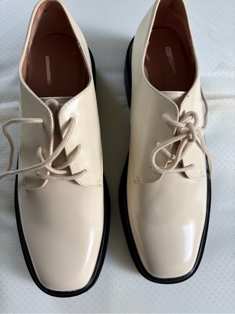 Cream Patent Lace-Up Flats with Black Sole
